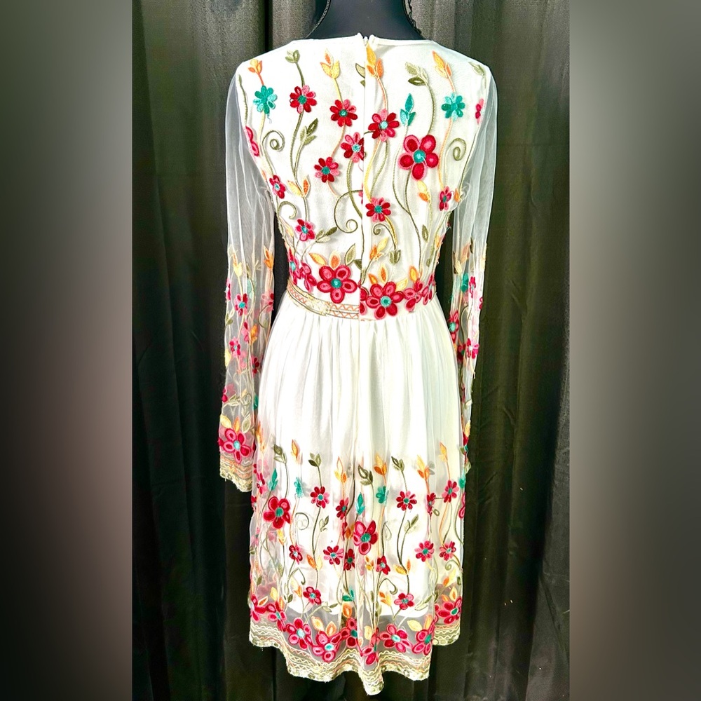 The Moon White, Multi Floral Embroidered Dress w/ Sheer Sleeves, Size S - Picture 5 of 8